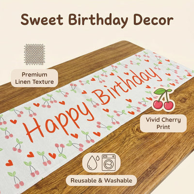 Mesa cumpleaños tela lino estampado corazón cereza reutilizable