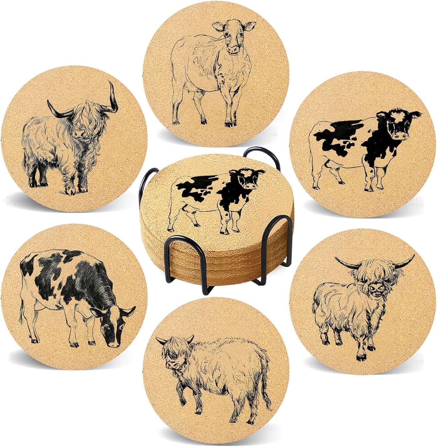 Juego de 6 posavasos de vaca con soporte de corcho absorbente