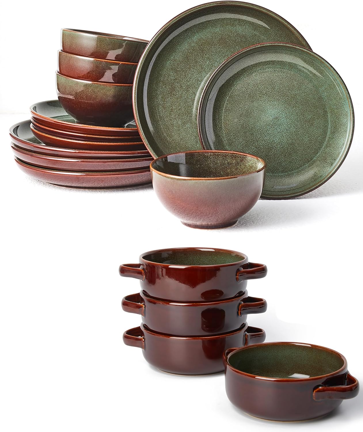 Set 16 Pzas Vajilla Cuencos Sopa Marrón Verde