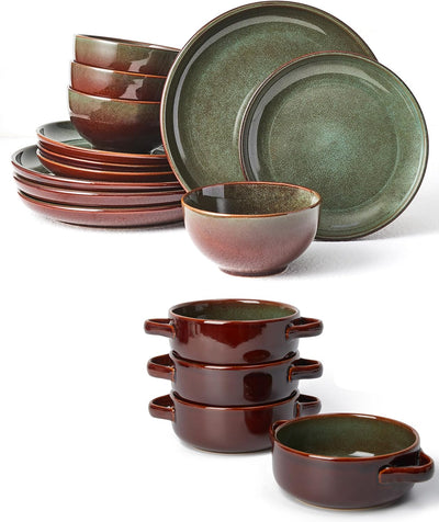Set 16 Pzas Vajilla Cuencos Sopa Marrón Verde