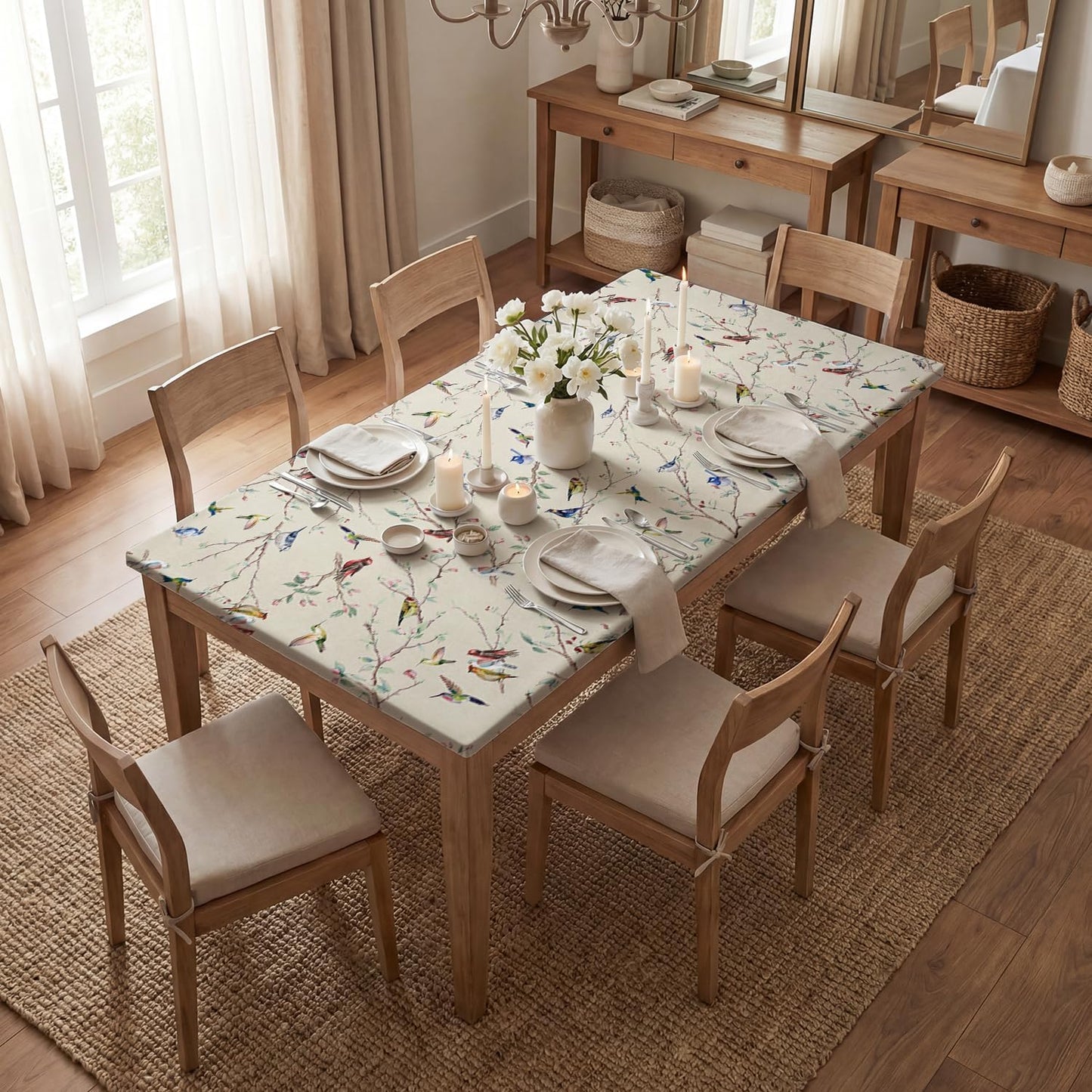 Mantel rectangular de primavera 72x30 pulgadas color beige con diseño de ramas de pájaros