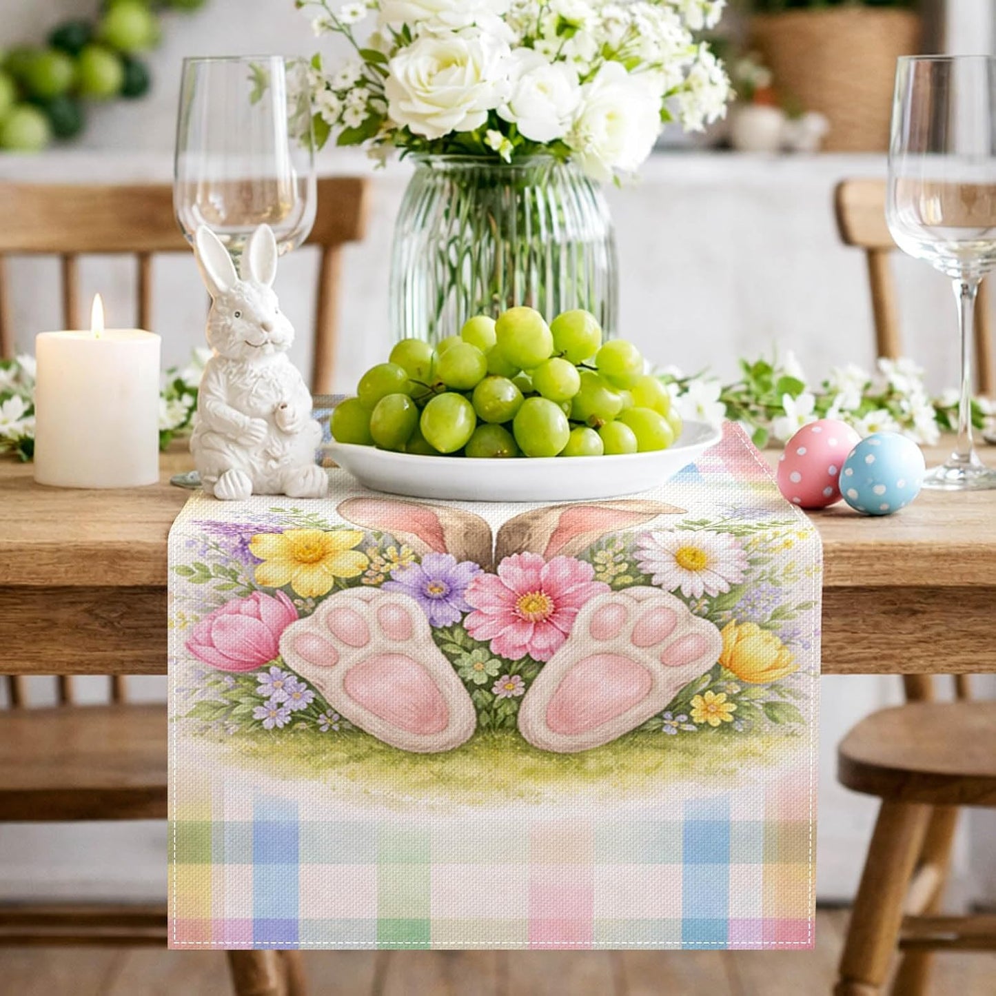 Camino de mesa de Pascua 13 x 72 pulgadas con orejas de conejo y corona floral