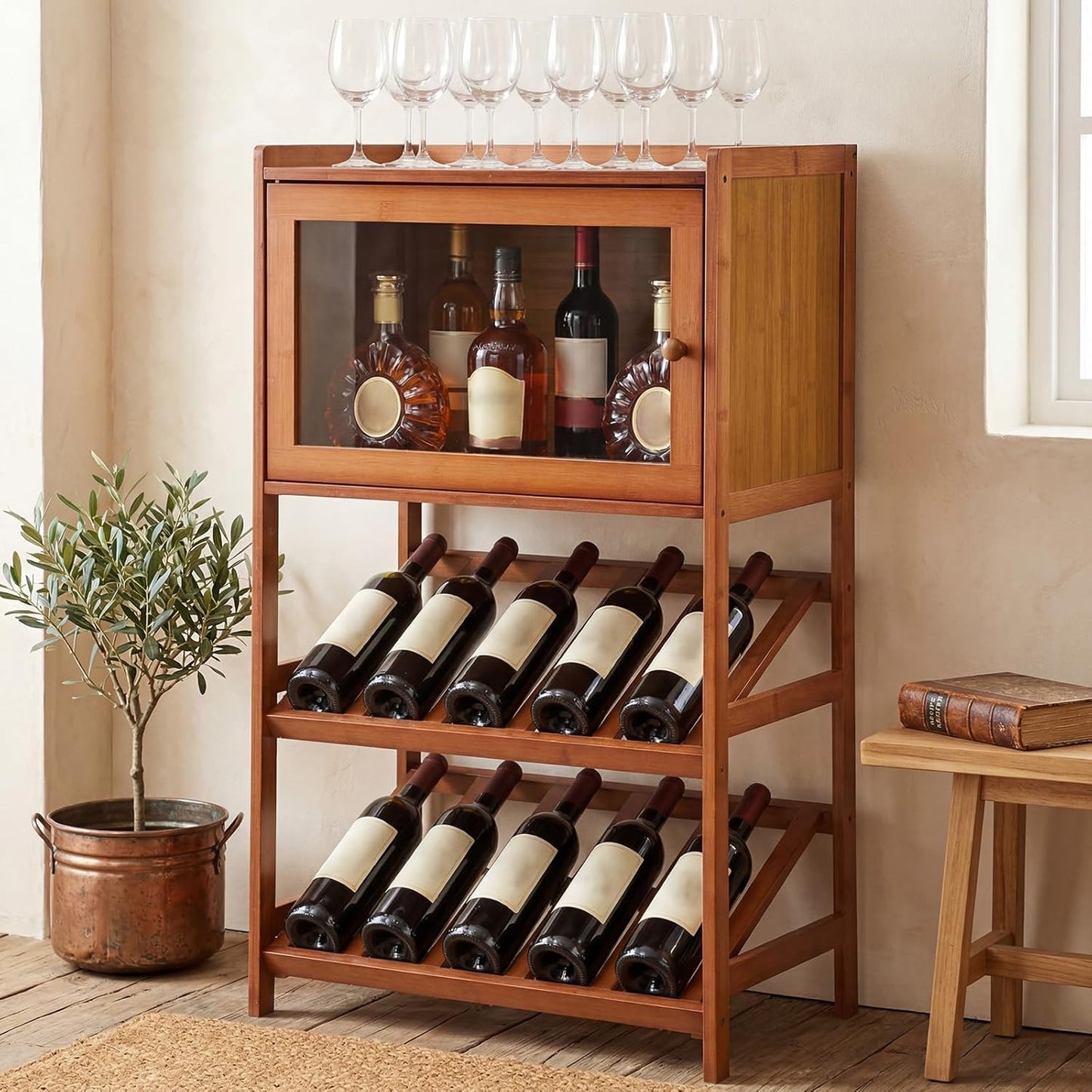 Estante de vino rústico 3 niveles con mesa y armario