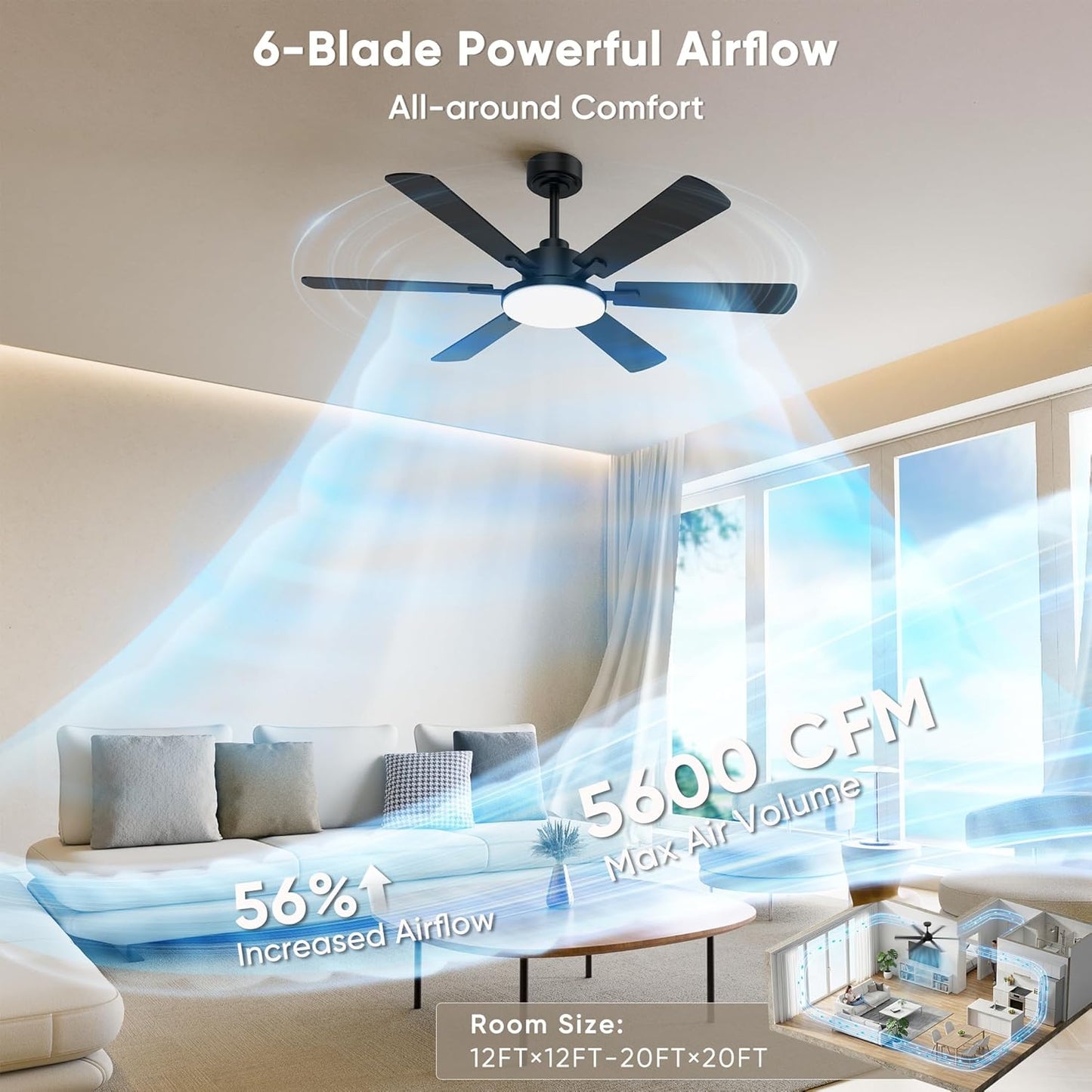 Ventilador techo 52pulg 6 cuchillas LED regulable control remoto