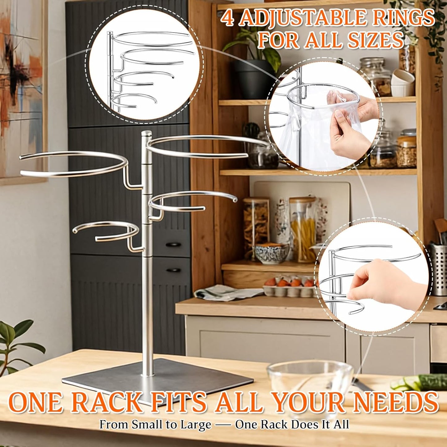 Soporte bolsas vacío acero inox 304 con 4 anillos