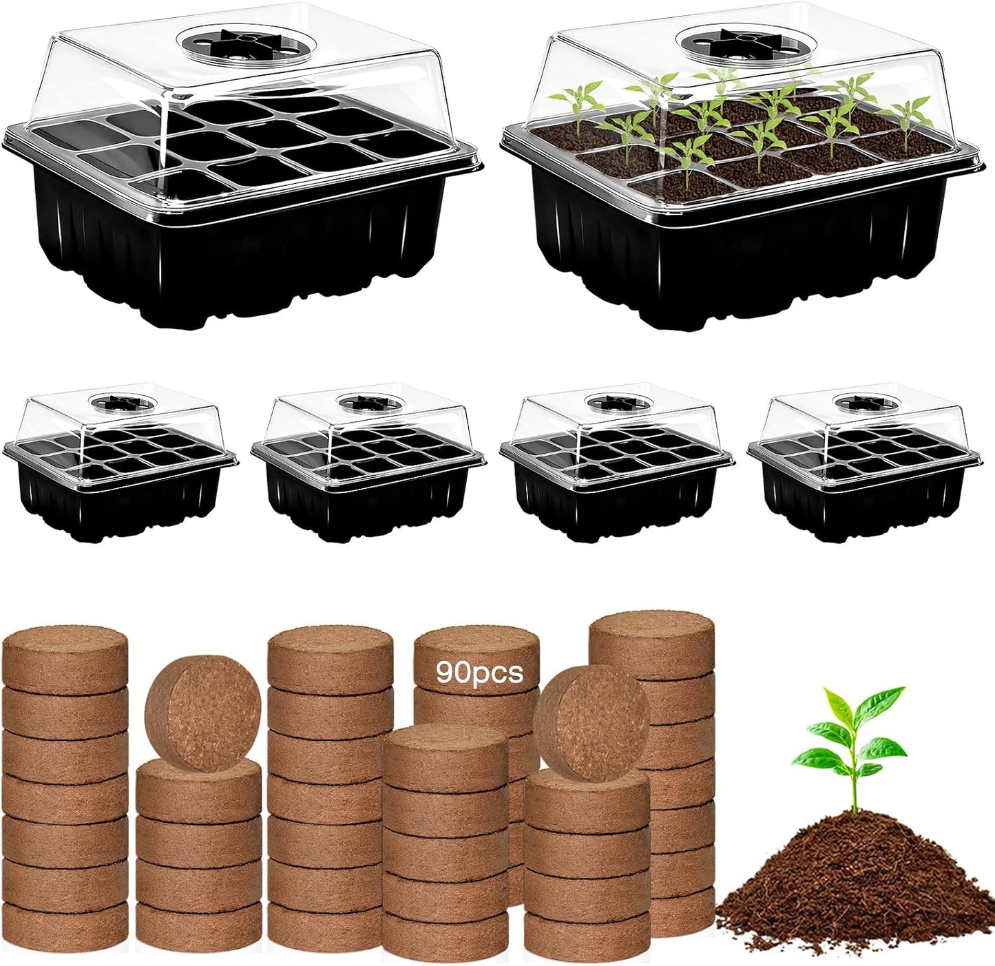 Kit 6 bandejas germinación hierbas con 90 pellets coco