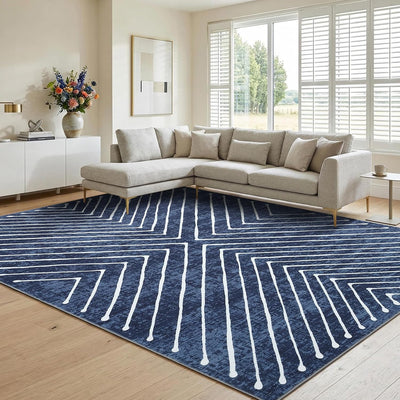 Alfombra moderna simétrica 8x10ft lavable azul marino