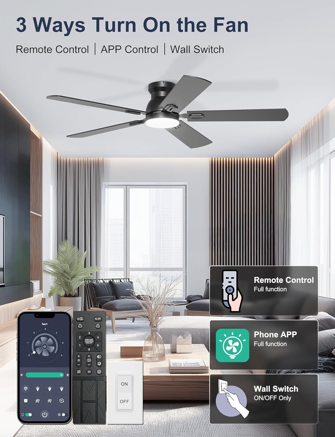 Ventilador techo empotrado 52pulg con luces motor CC silencioso