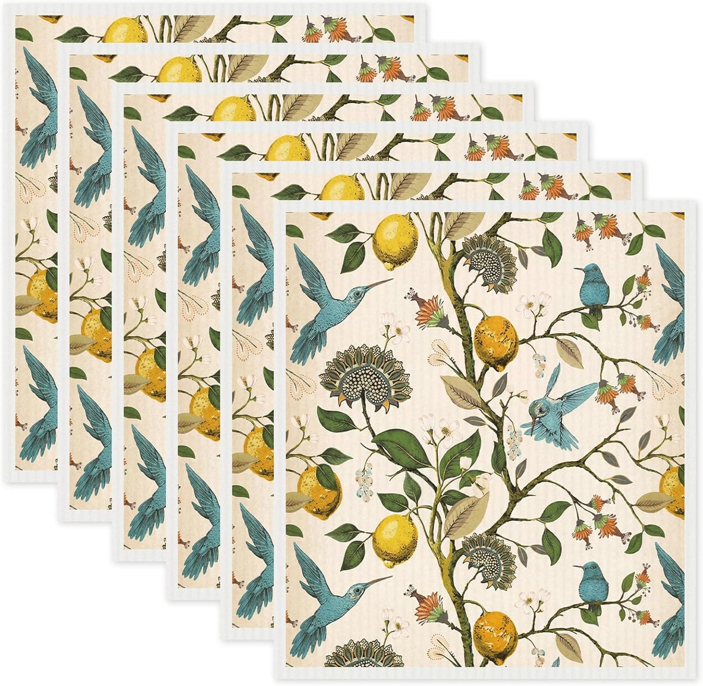 Paquete de 6 paños de cocina con diseño de pájaros de limón sueco reutilizables