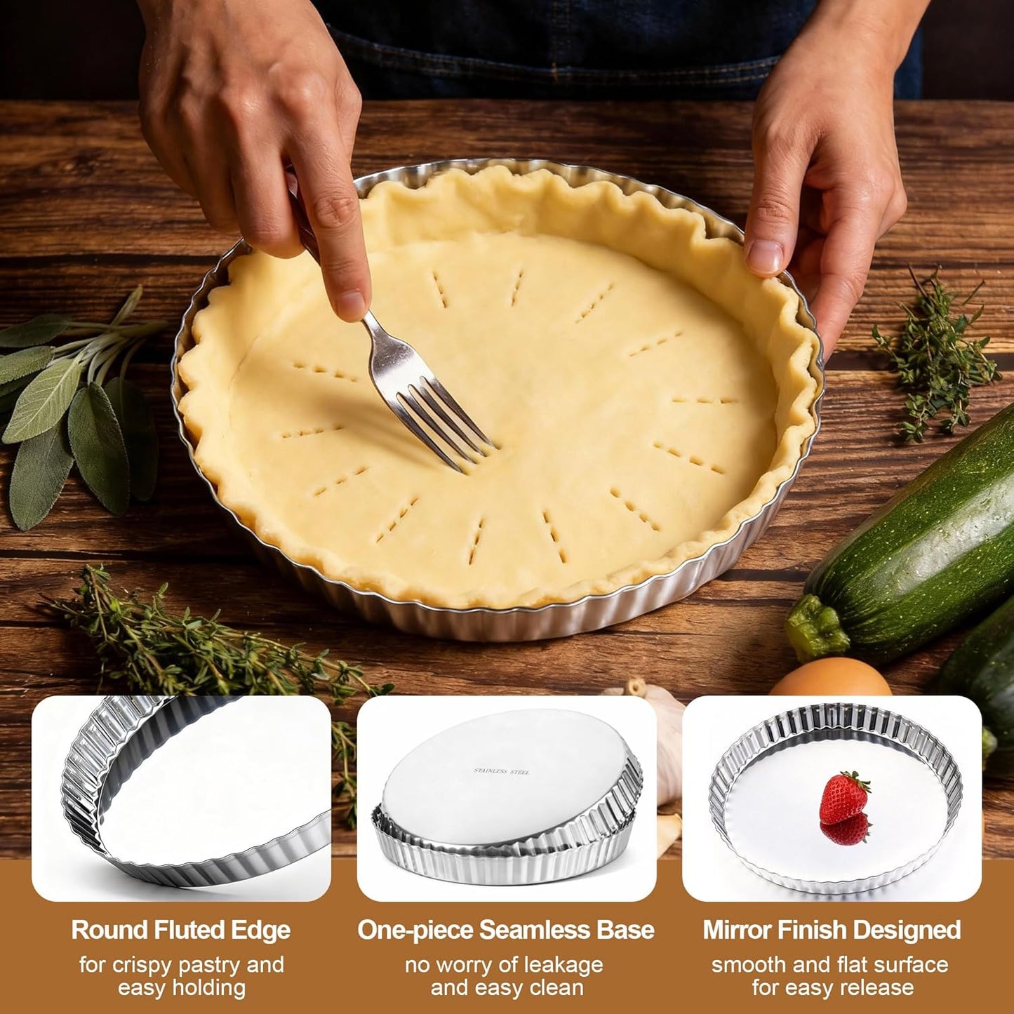 Sartén tartas 9.5pulg acero inox quiche reutilizable plateado