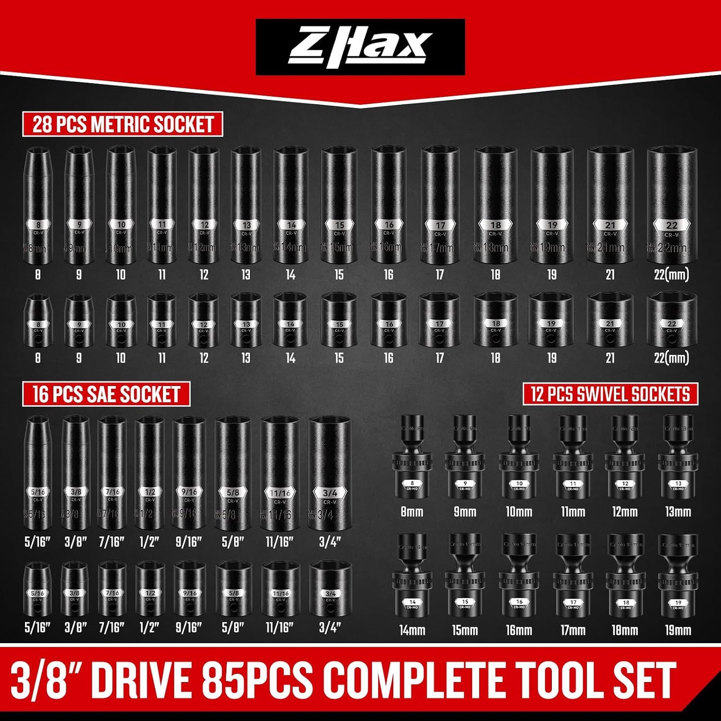 Set 85 Pzas Llaves Impacto 3/8pulg SAE y Métricas