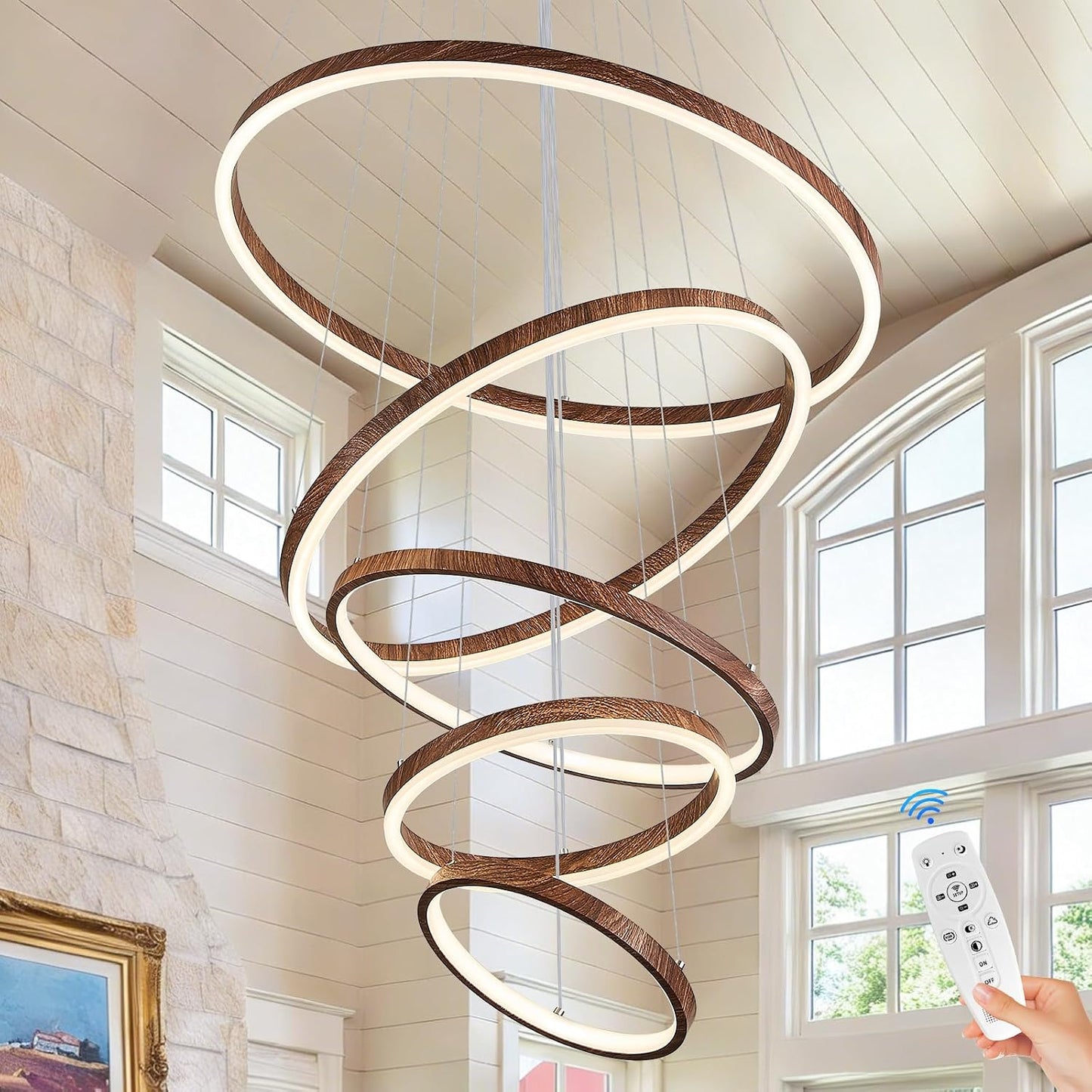 Lámpara LED 5 anillos madera moderna regulable para comedor sala