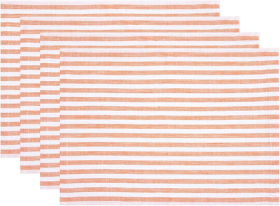 Set 4 Manteles Lino Puro 14x19pulg Rayas Naranja Blanco