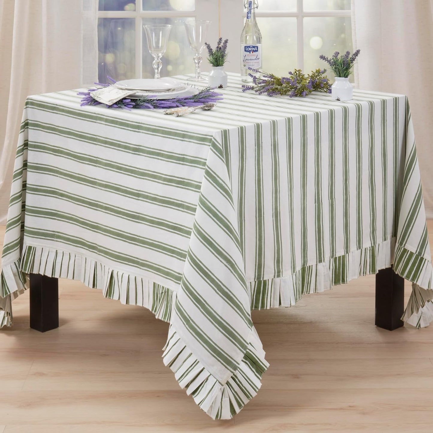 Mantel de algodón rayado con borlas para mesa relajada y eventos casuales 70x70