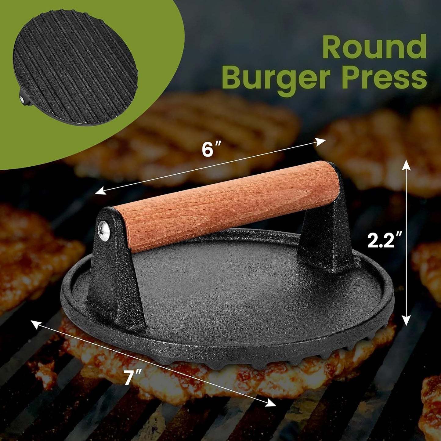 Prensa hamburguesas hierro fundido 7pulg mango madera