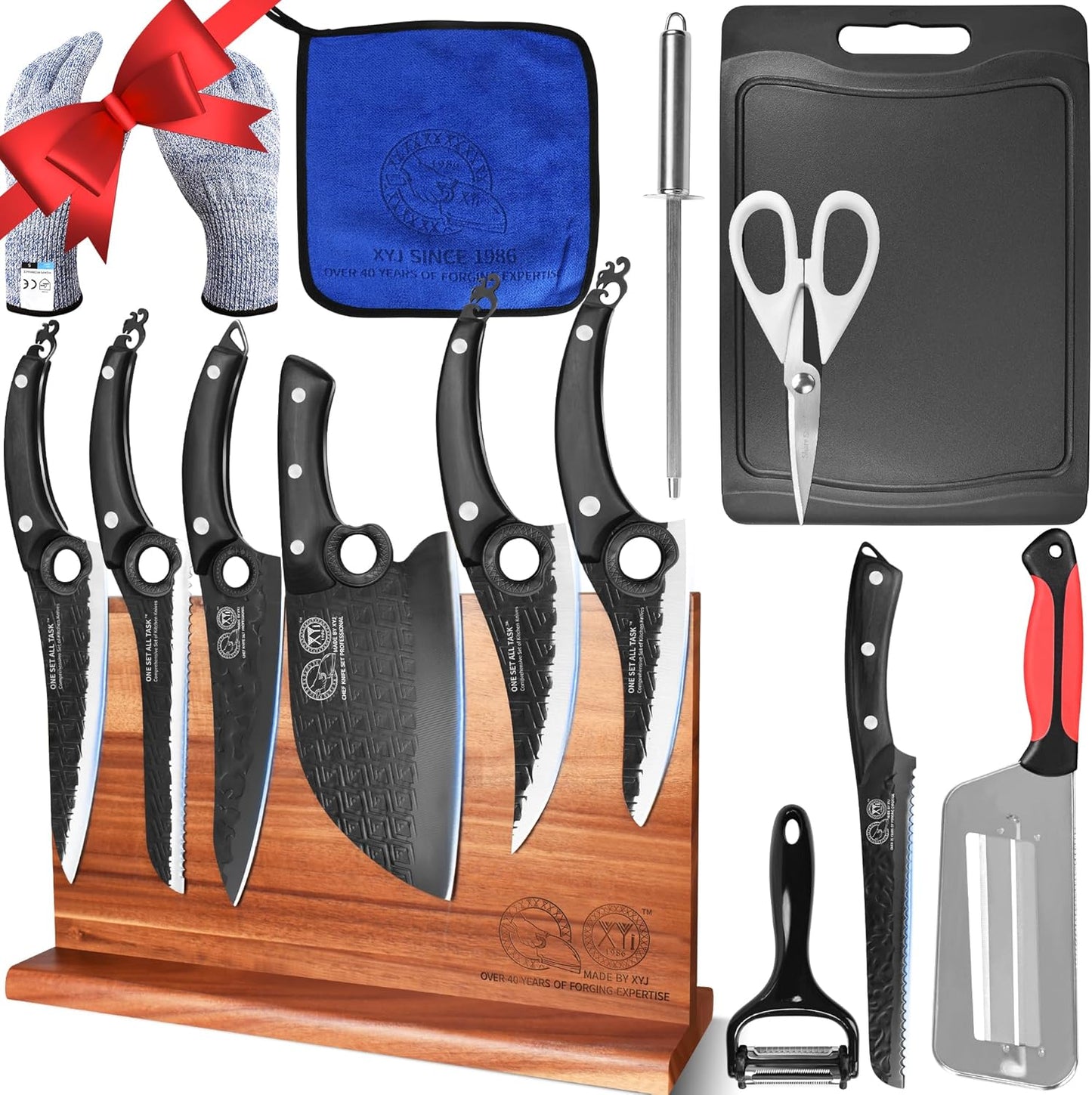 Set Cuchillos con Bloque Magnético Palillo Afilar Tabla Cortar