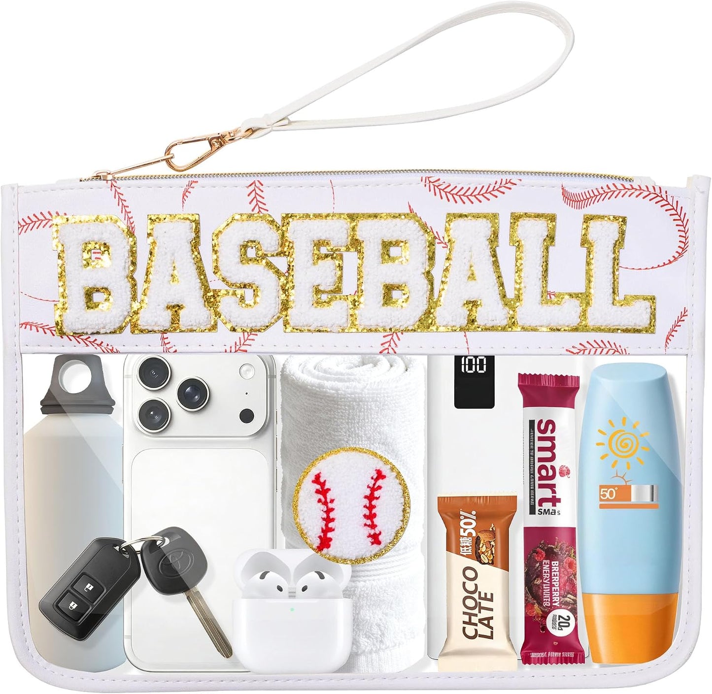 Bolsa béisbol transparente PVC con parches de chenilla