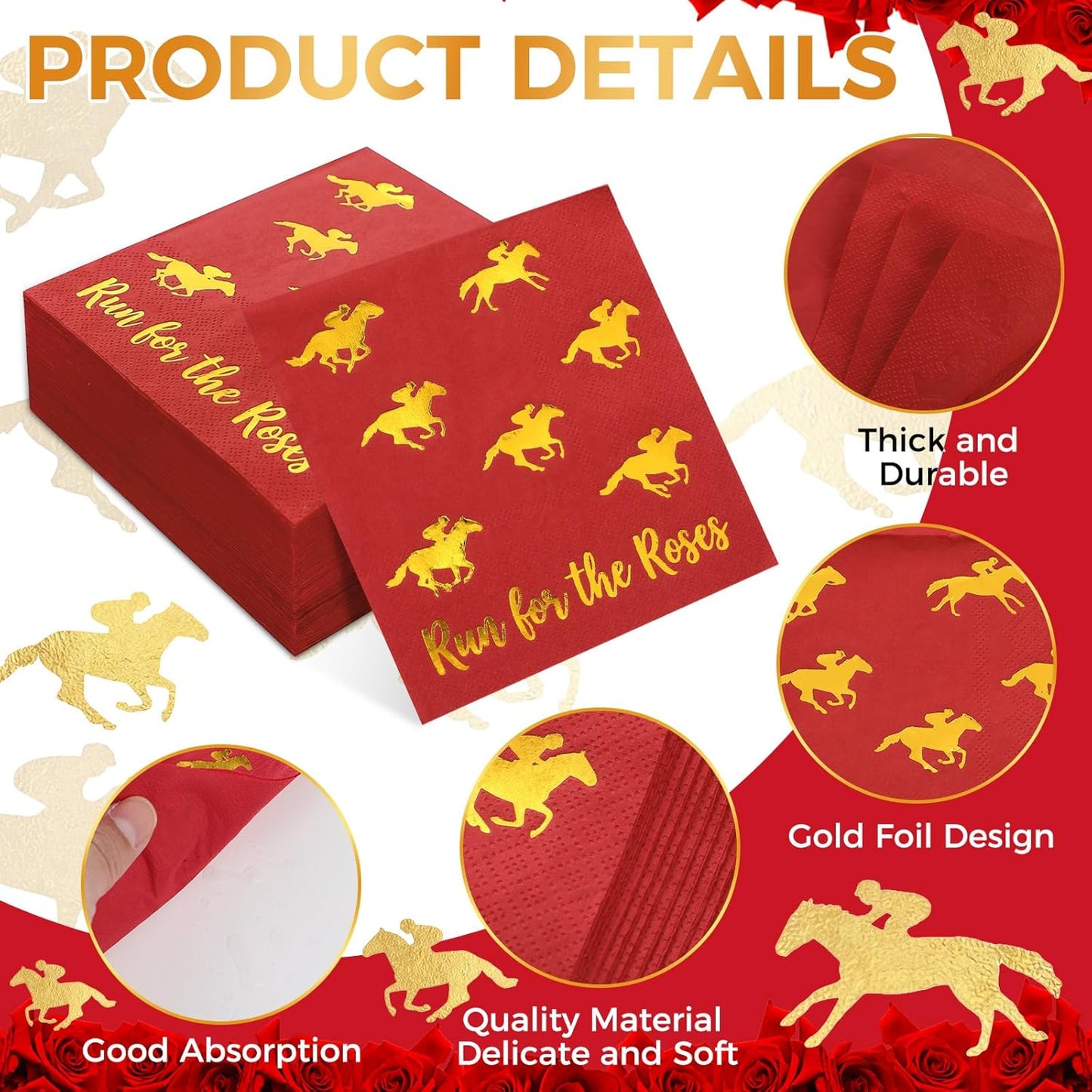 Servilletas de cóctel Derby de caballo 5 x 5 pulgadas dorado desechable