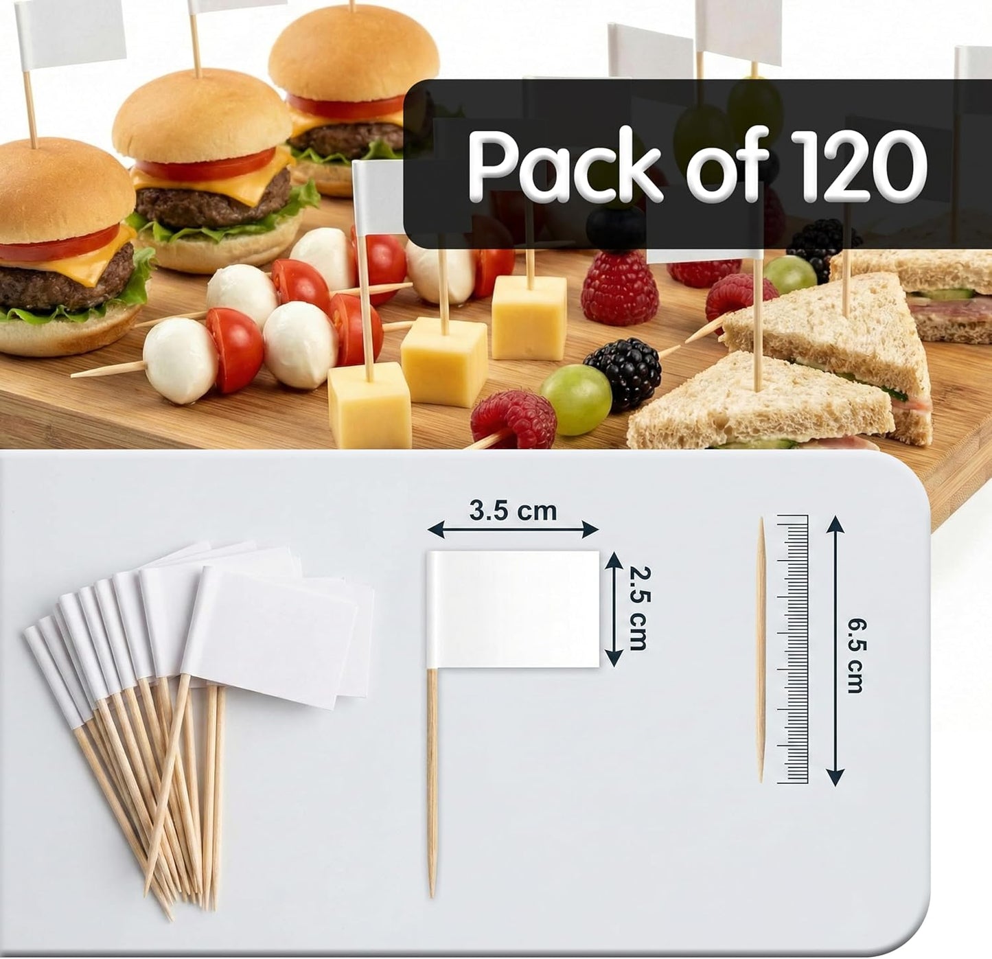 120 Palillos Cóctel Bambú 2.5pulg con Banderas Mini