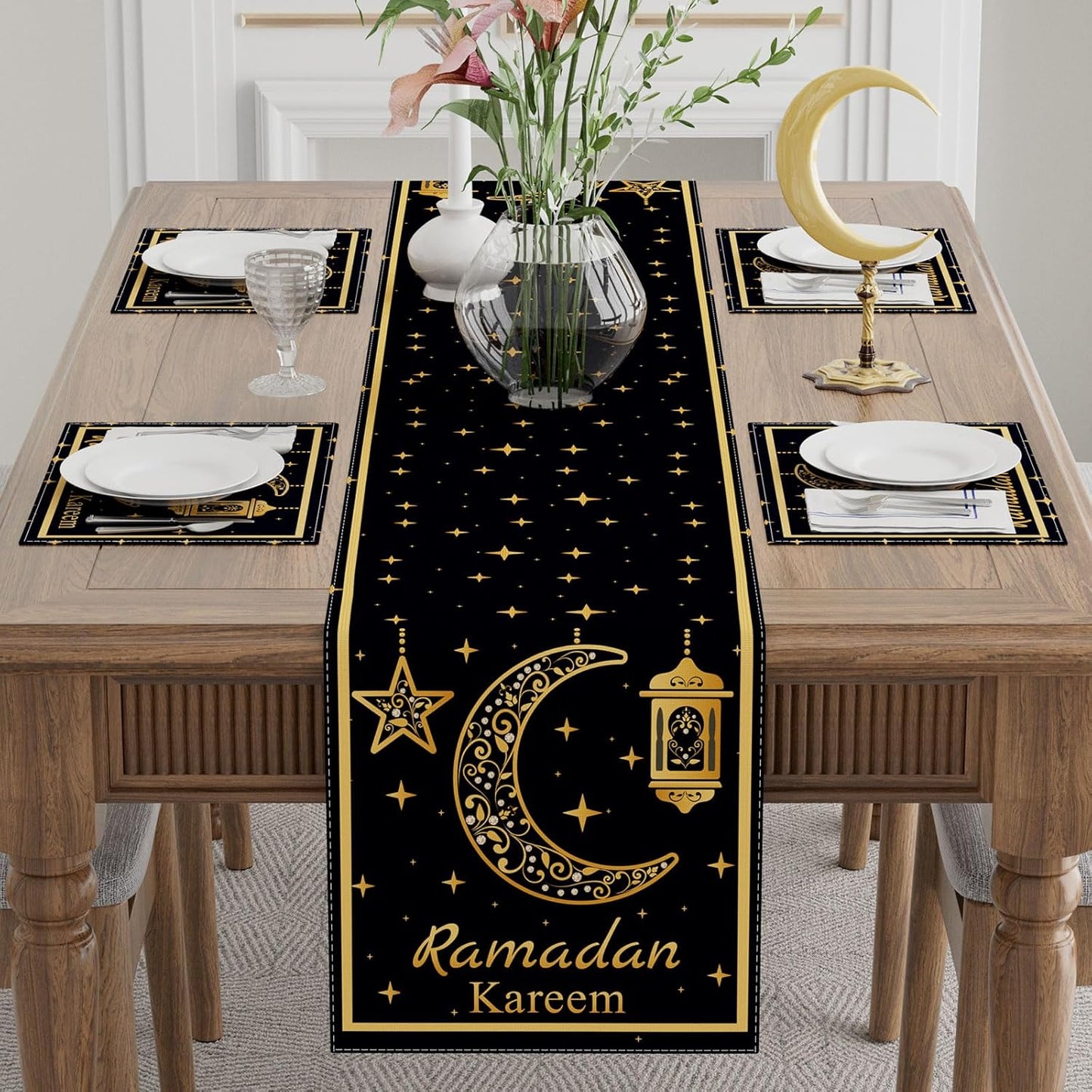 Farol negro de luna dorada con estrellas Ramadán Kareem para decoración
