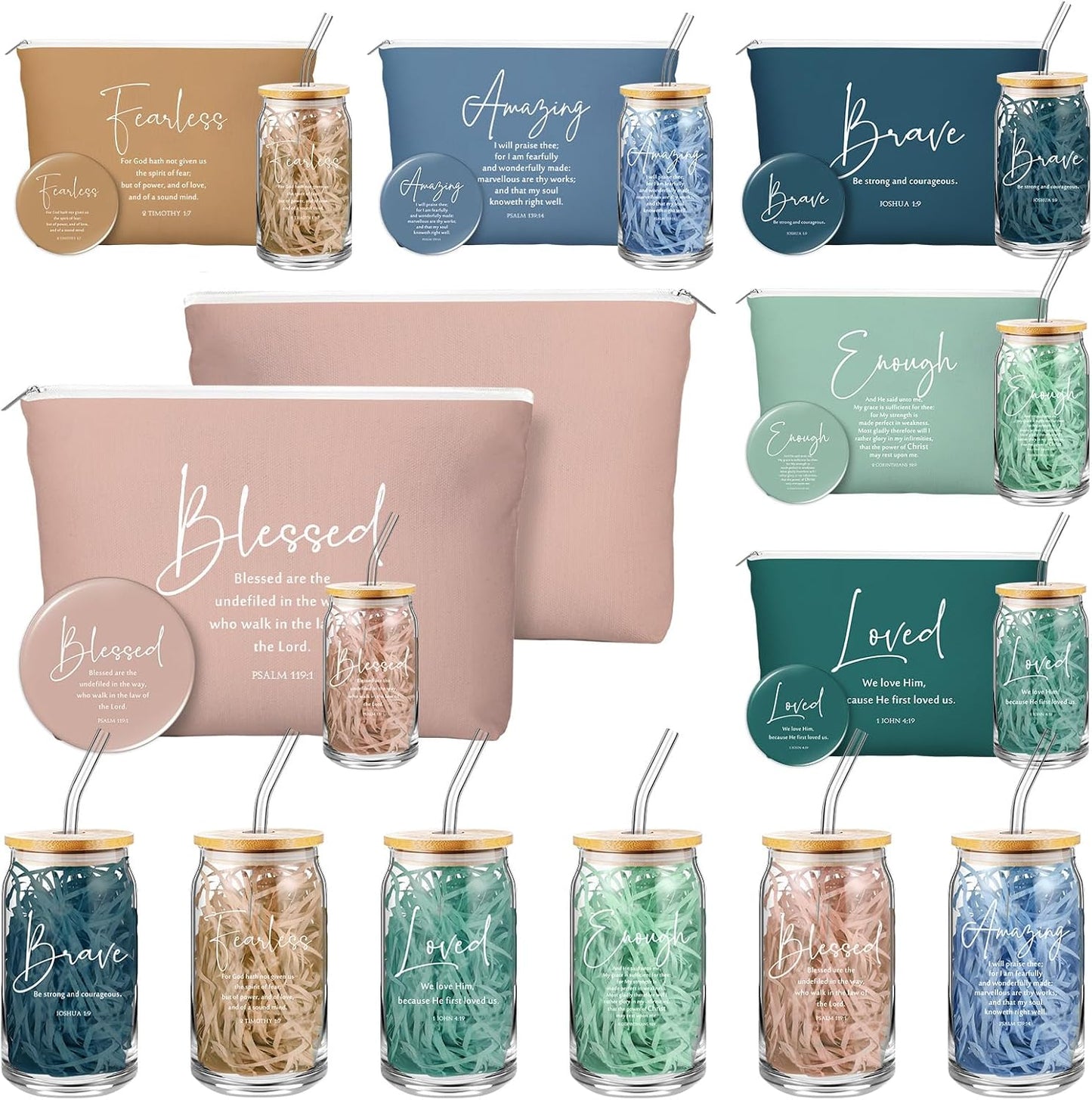 Juego de 6 regalos cristianos para mujeres, vaso de vidrio, tapa, pajita, bolsa cosmética y mini espejo religioso