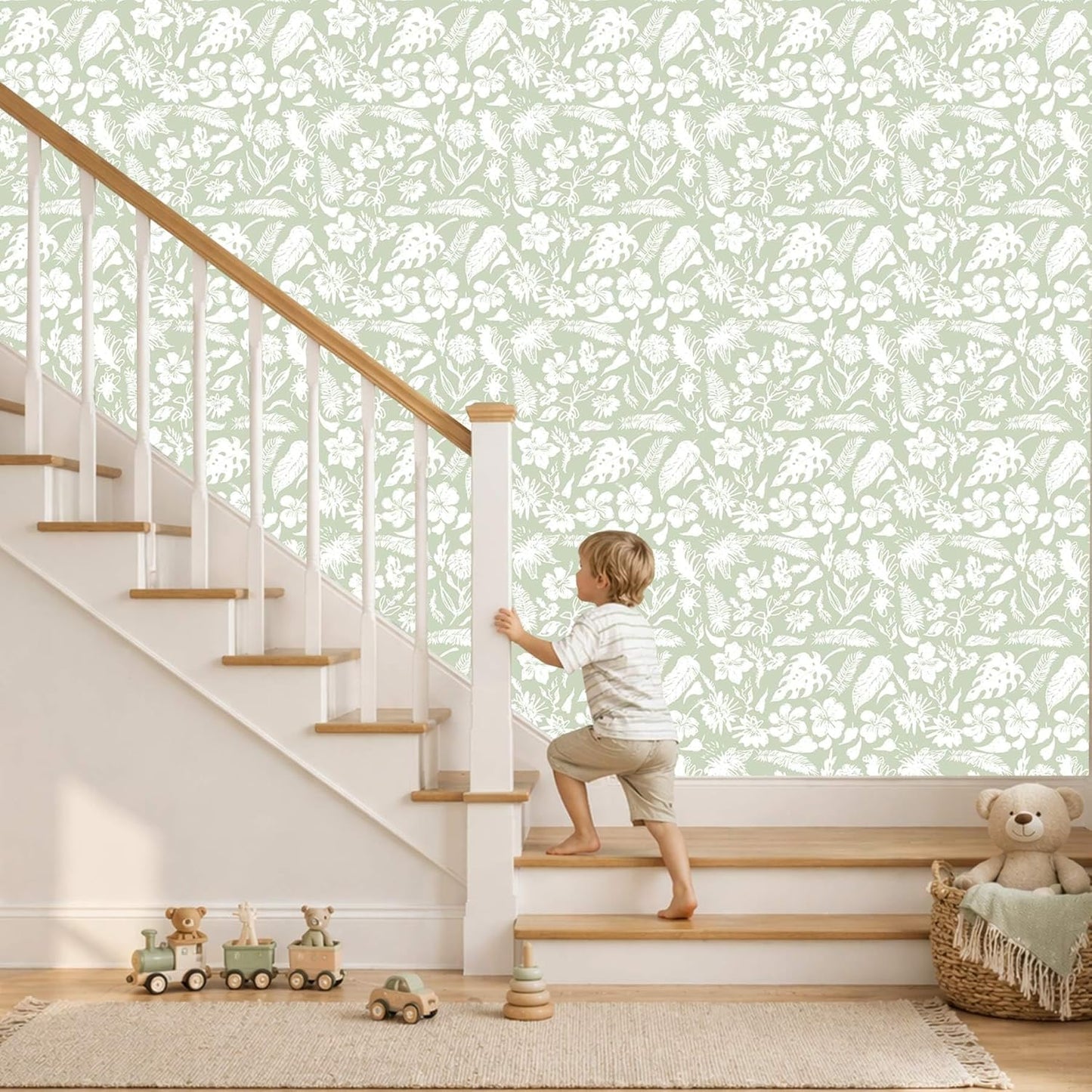 Papel tapiz verde claro botánico floral autoadhesivo 17.7x78.8