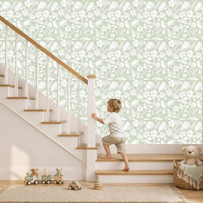Papel tapiz verde claro botánico floral autoadhesivo 17.7x78.8