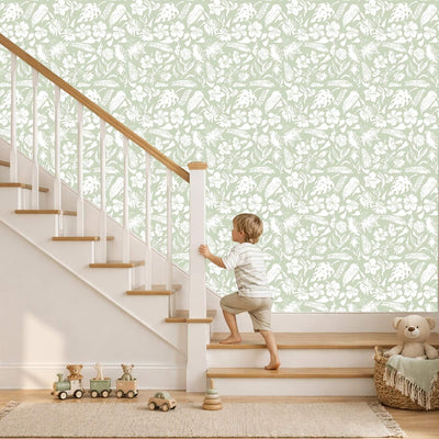 Papel tapiz autoadhesivo diseño floral botánico verde 17.7x118pulg