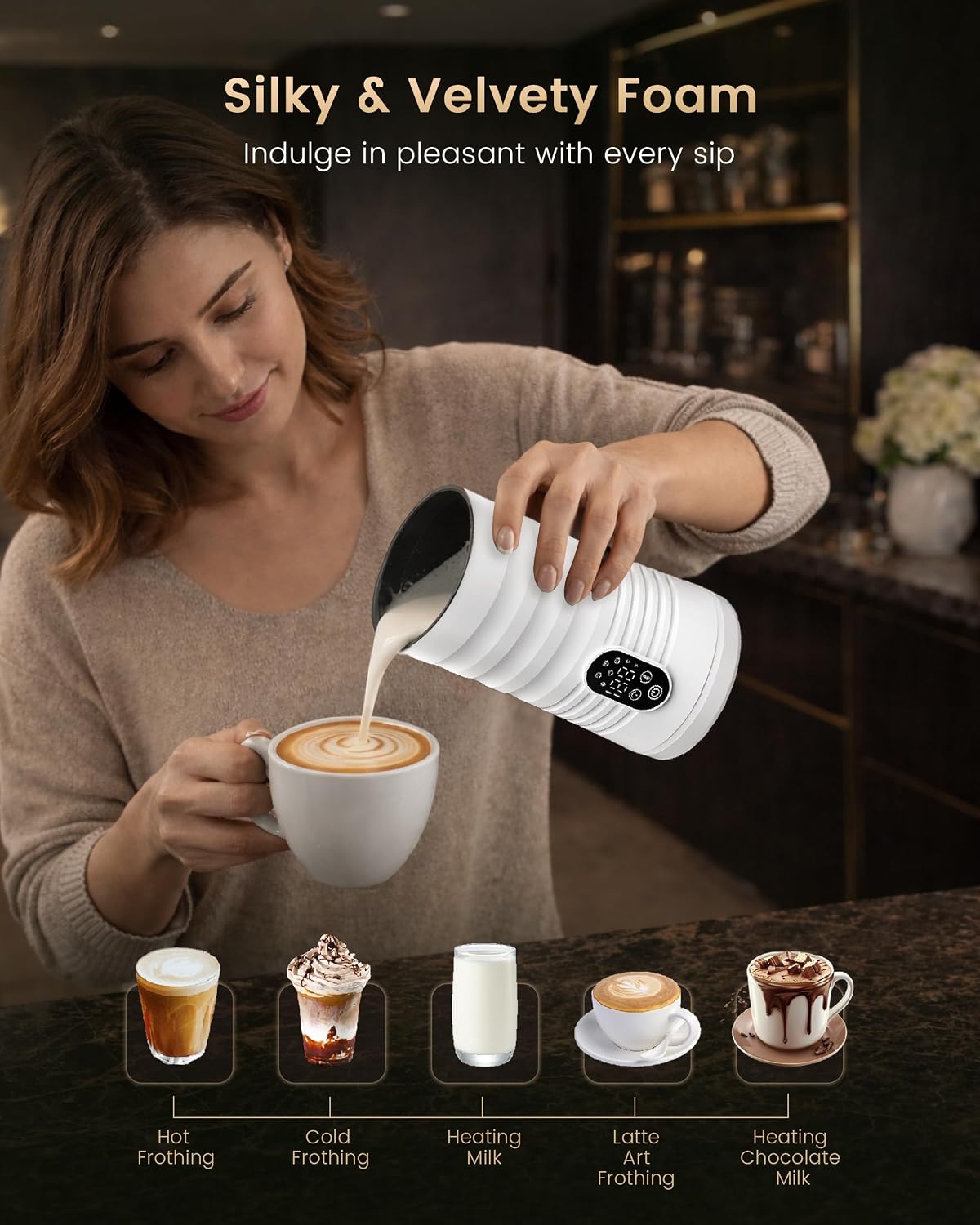 Espumador café con leche pantalla temperatura base sin quemaduras
