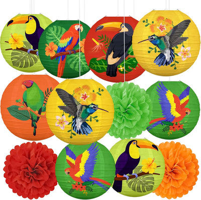 12 Pzas Decoración Fiesta Pájaros Tropicales Faroles Luau