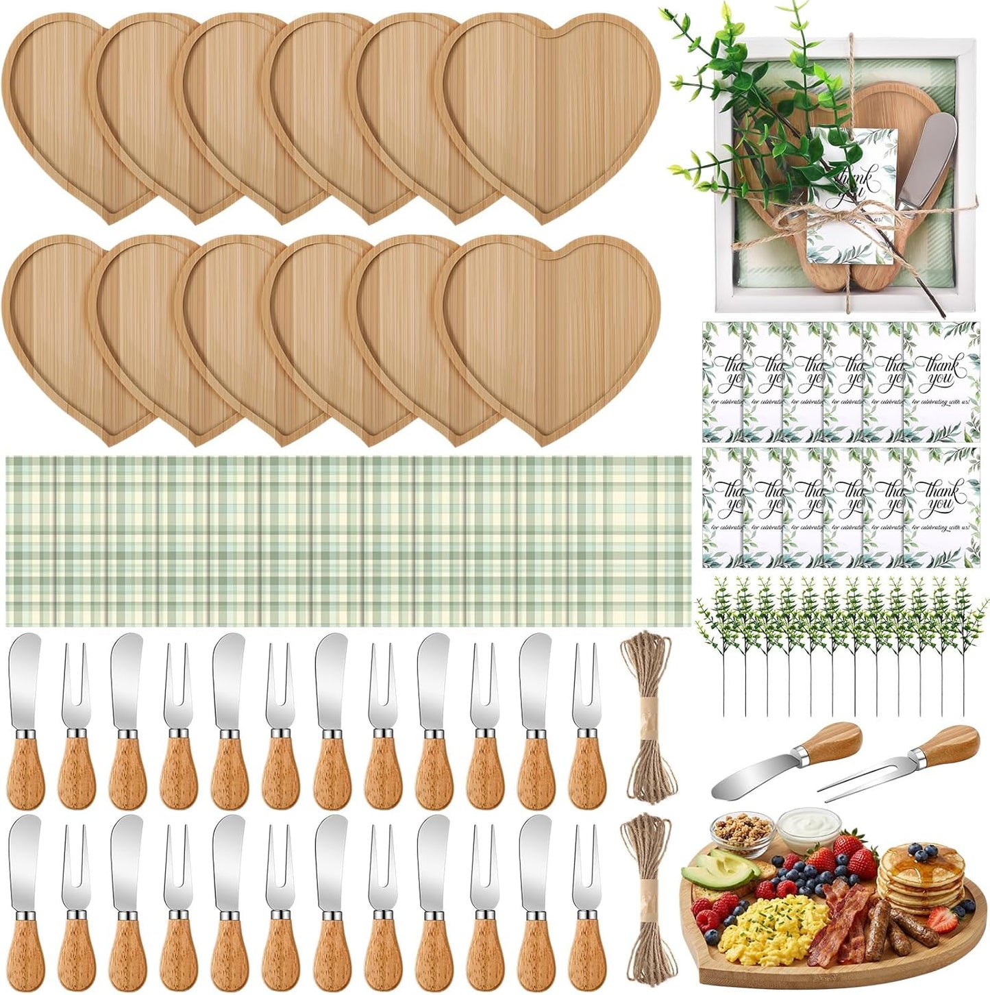 Juego de 12 tablas de cortar en forma de corazón con cuchillos, tenedores y bandeja de bambú para bodas, San Valentín y cumpleaños