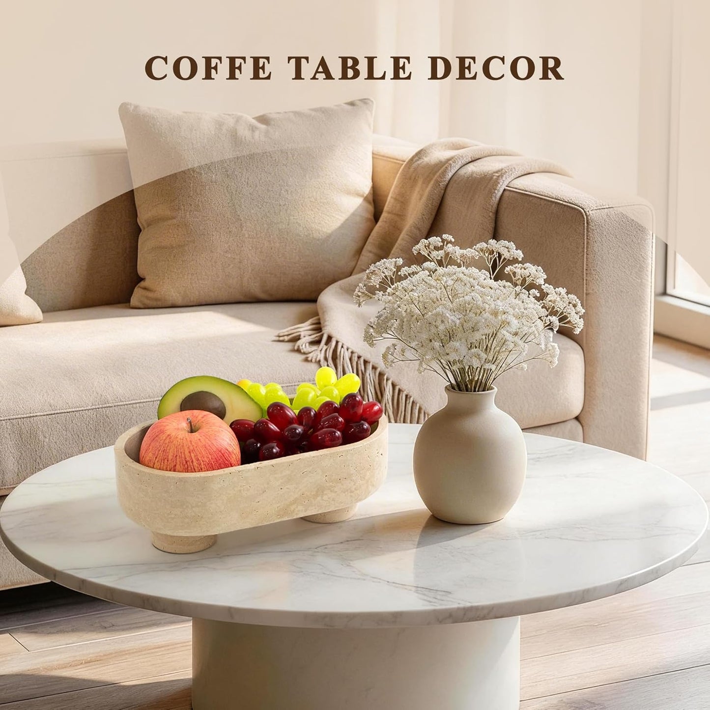 Cuenco Travertino Ovalado Decorativo Mesa Comedor 10pulg