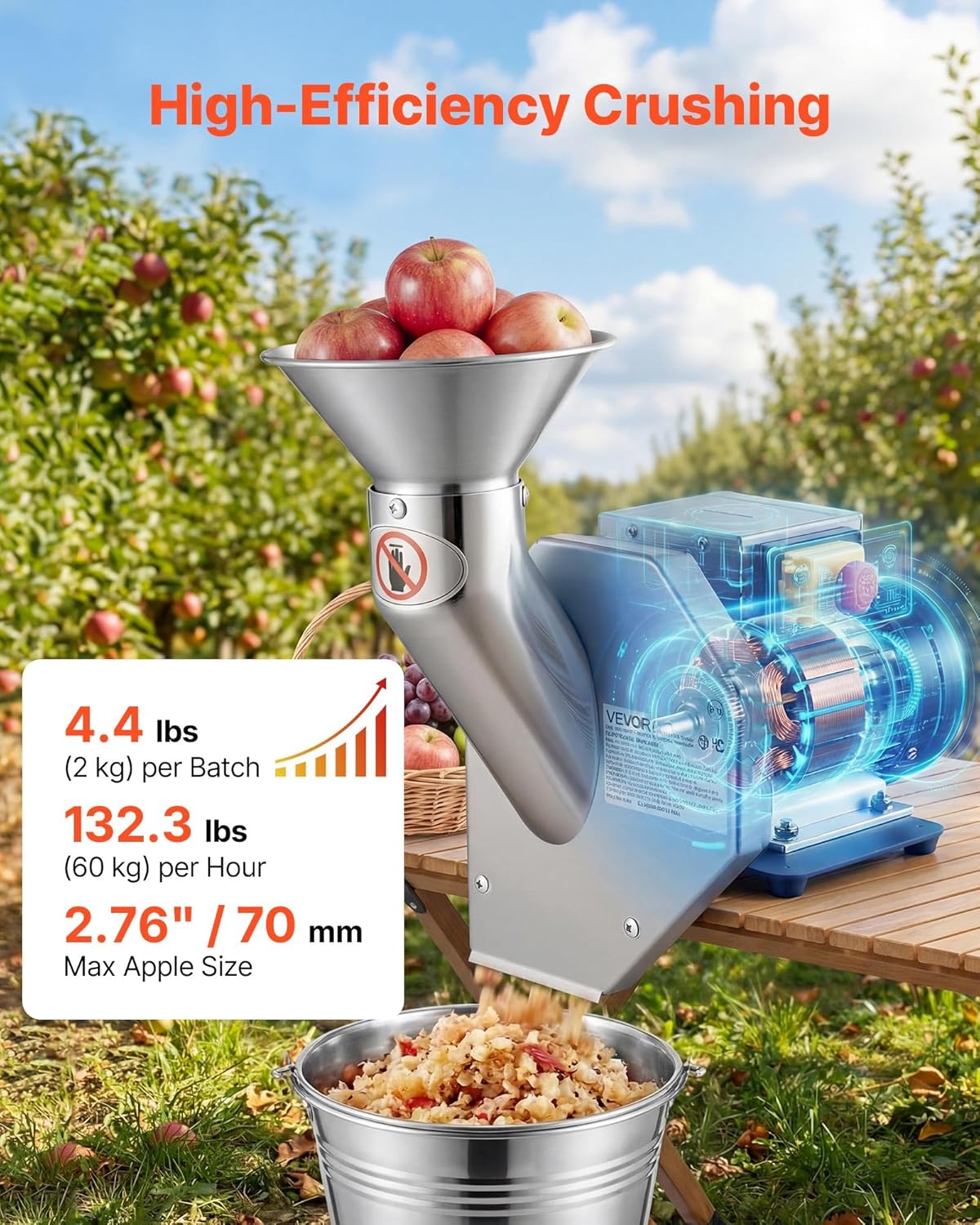 Trituradora eléctrica de frutas 550W acero inox 132lbs/h