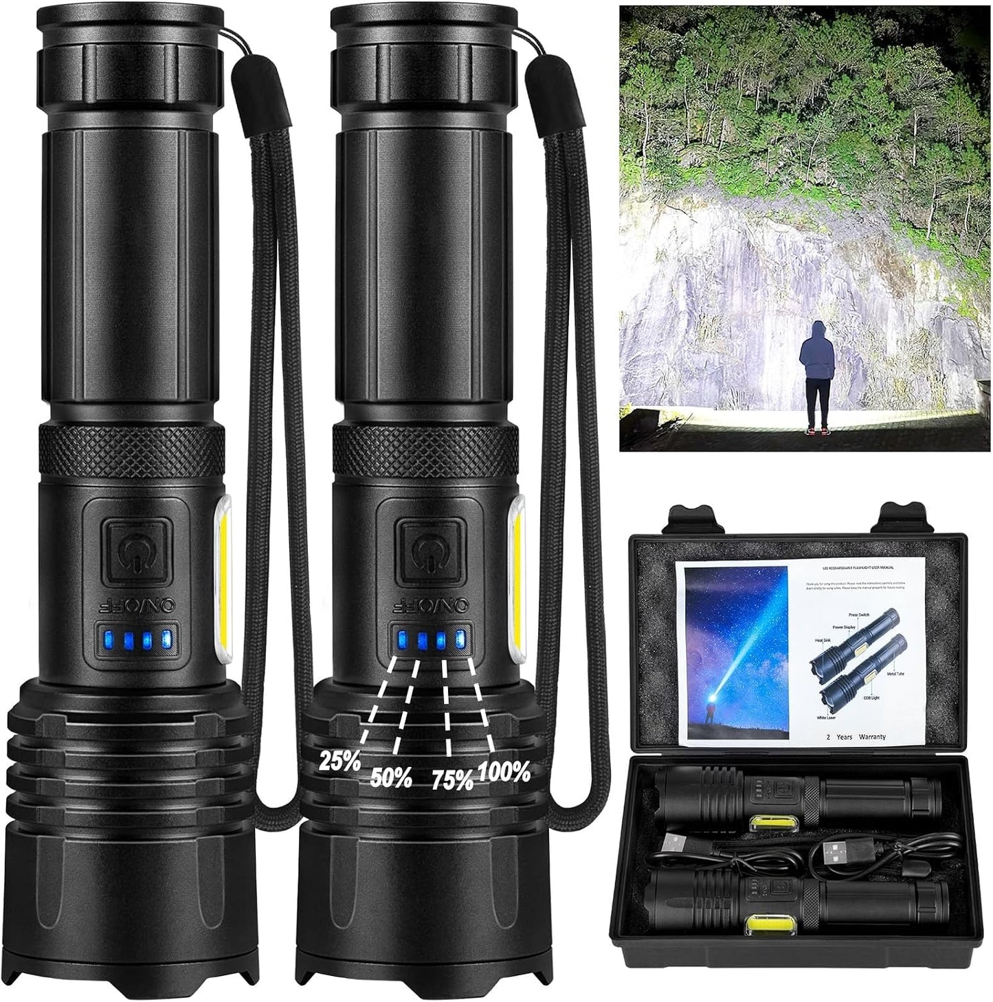 Linterna LED recargable 90000 lúmenes set 2 con mazorca IPX7