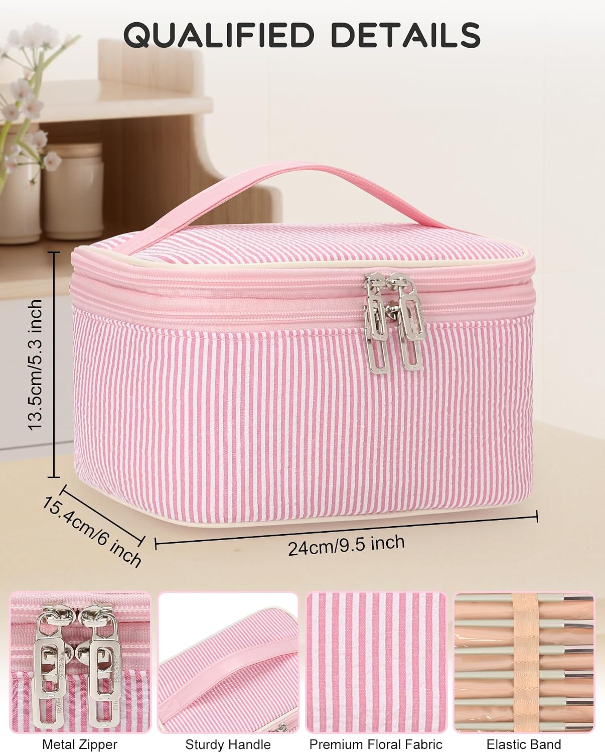Bolsa maquillaje rosa doble capa con soporte cepillos