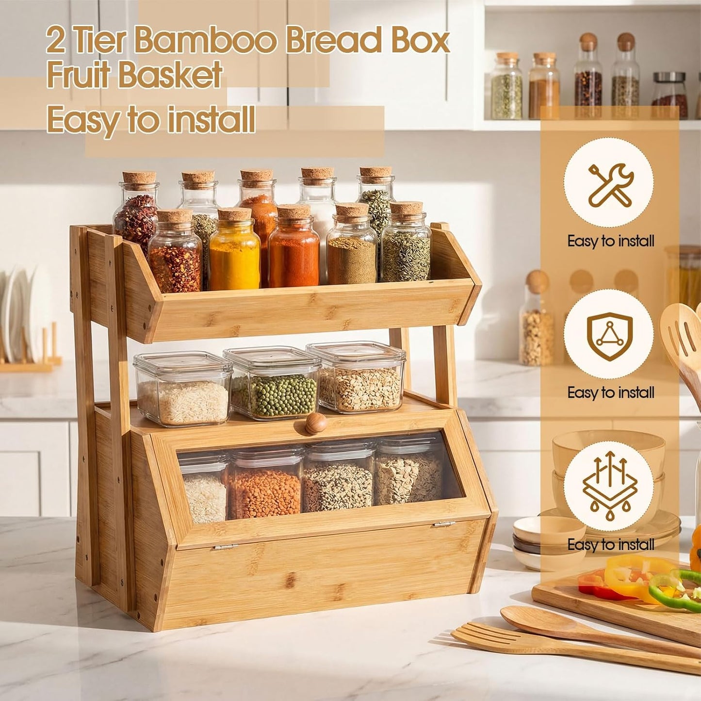 Panera de bambú 2 niveles con ventana, cesta de frutas y verduras para encimera