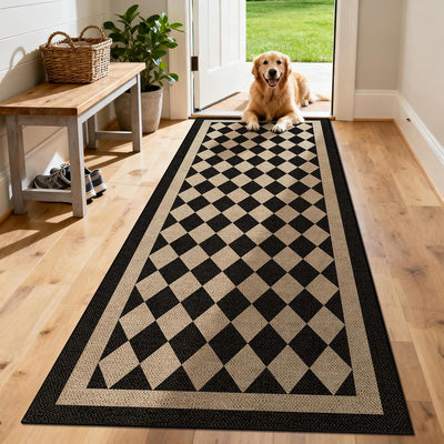 Alfombra yute 2x8pulg diseño ajedrez negro moderna antideslizante