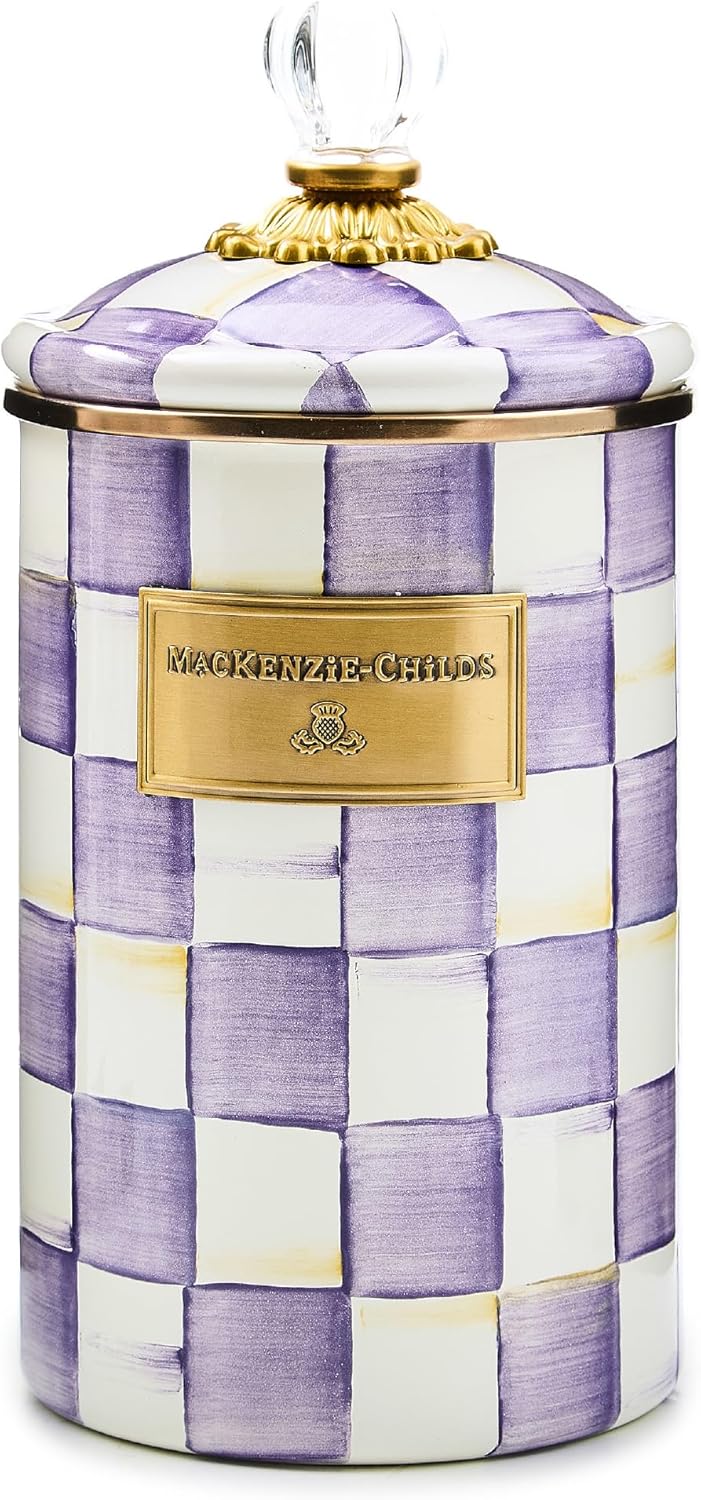 Recipiente de esmalte para cocina grande morado y blanco a cuadros