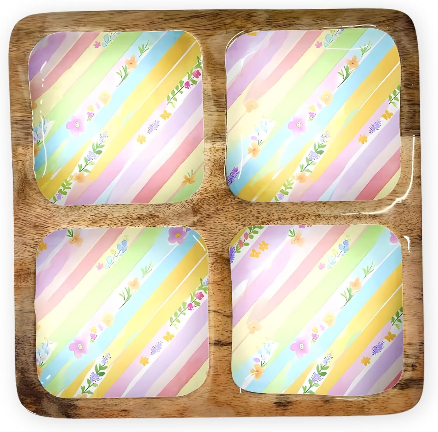 Bandeja Pascua 12x12pulg 4 compartimentos madera mango