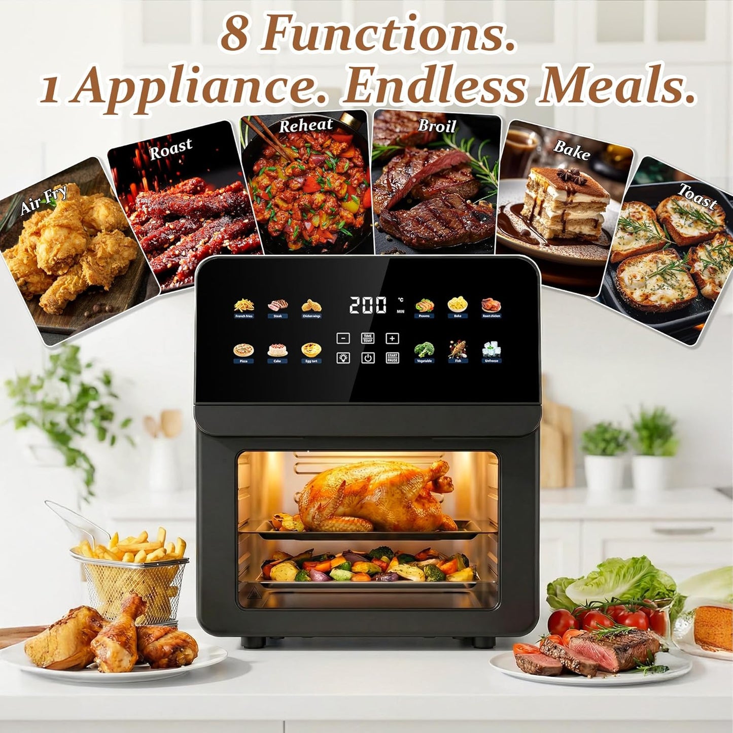 Horno freidora aire 12qt 8en1 con 2 rejillas para hornear