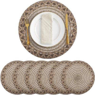 Juego de 6 manteles individuales redondos de arpillera de 15 pulgadas para mesa de comedor tejido de yute con borde ondulado trenzado