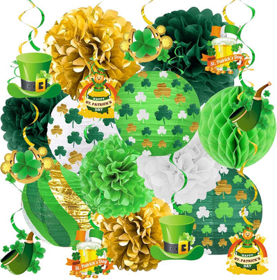 Juego decoraciones San Patricio faroles trébol pompones bolas panal