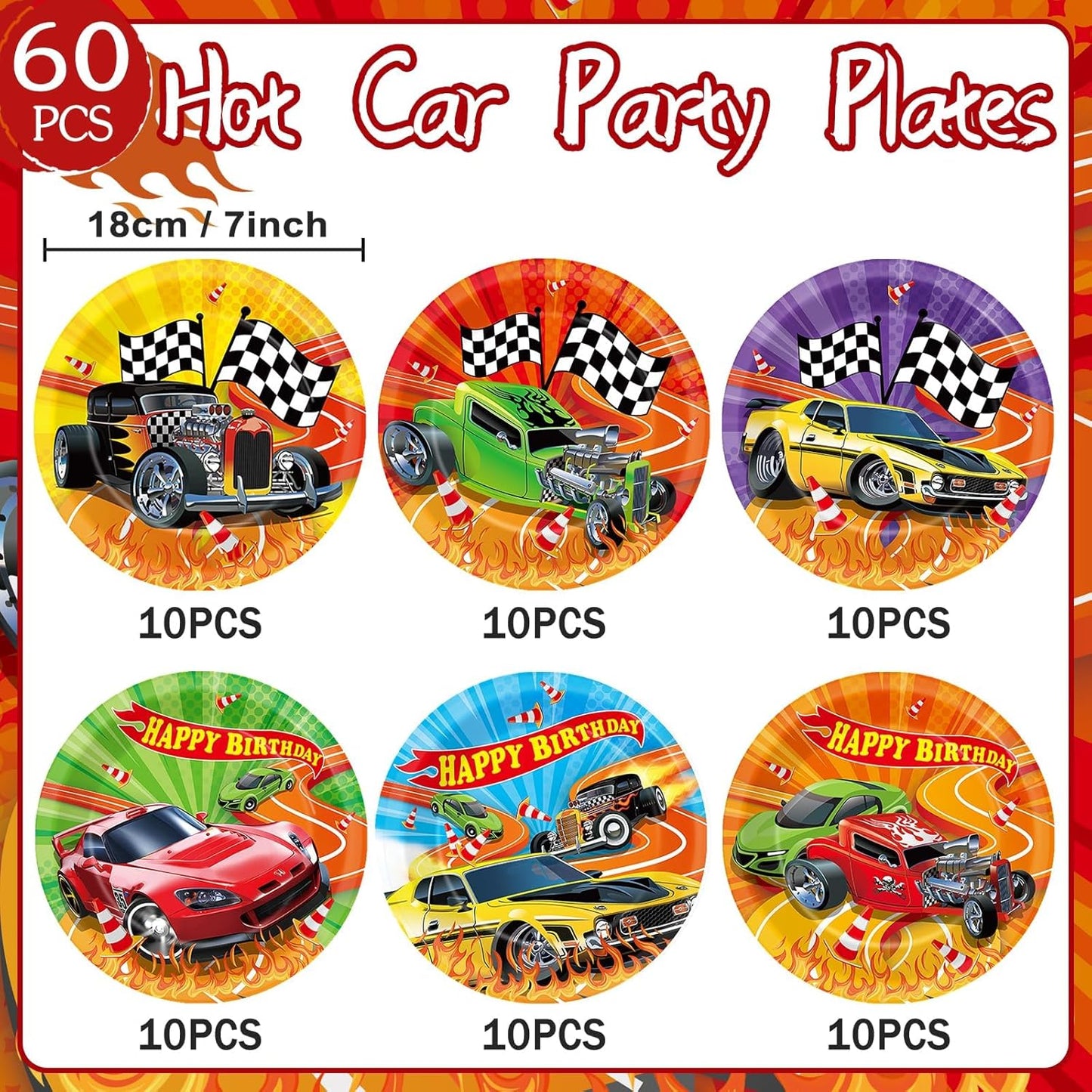 Suministros de fiesta de cumpleaños con coches de carreras y decoraciones coloridas