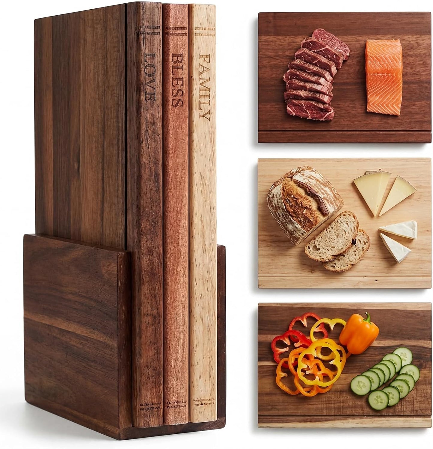 Set 3 Tablas Cortar Madera Acacia Sapele Caucho Grabadas Libro