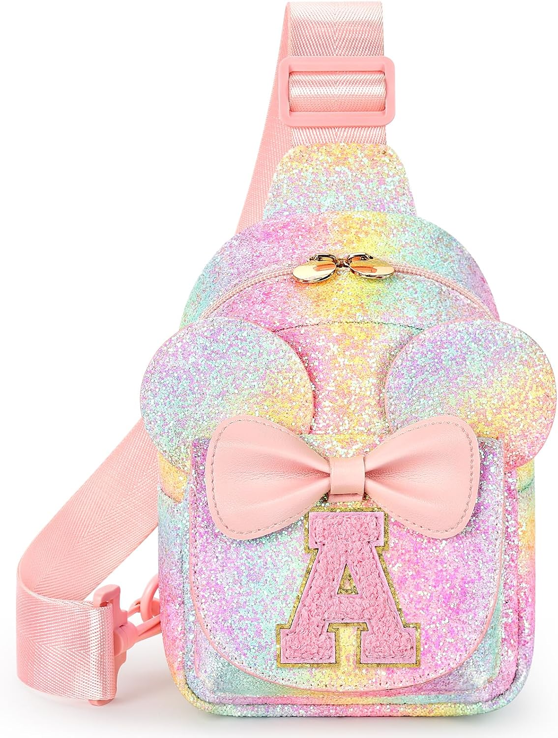 Bolso bandolera niña letra A arcoíris purpurina