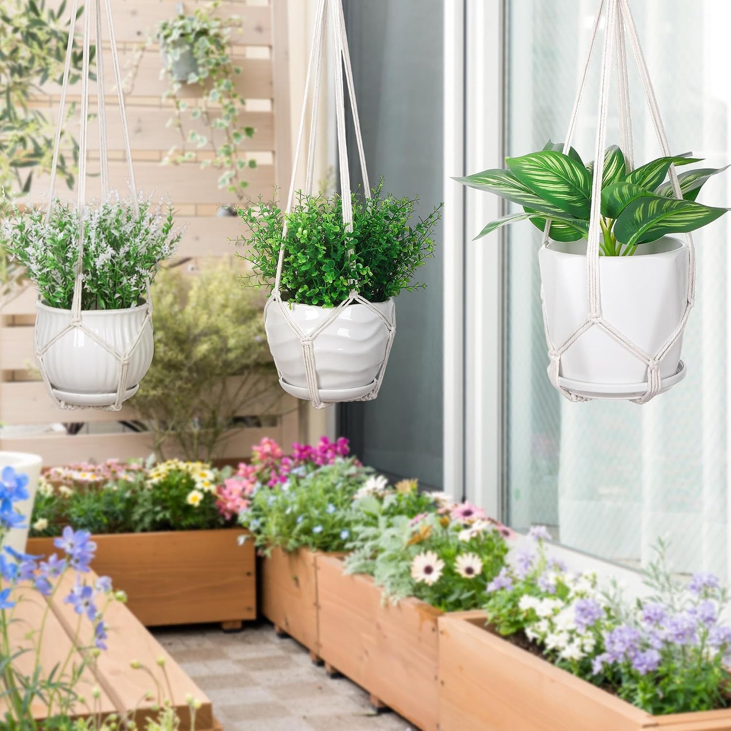 3 Cestas Colgantes Macramé para Plantas Interiores 35/29/23pulg
