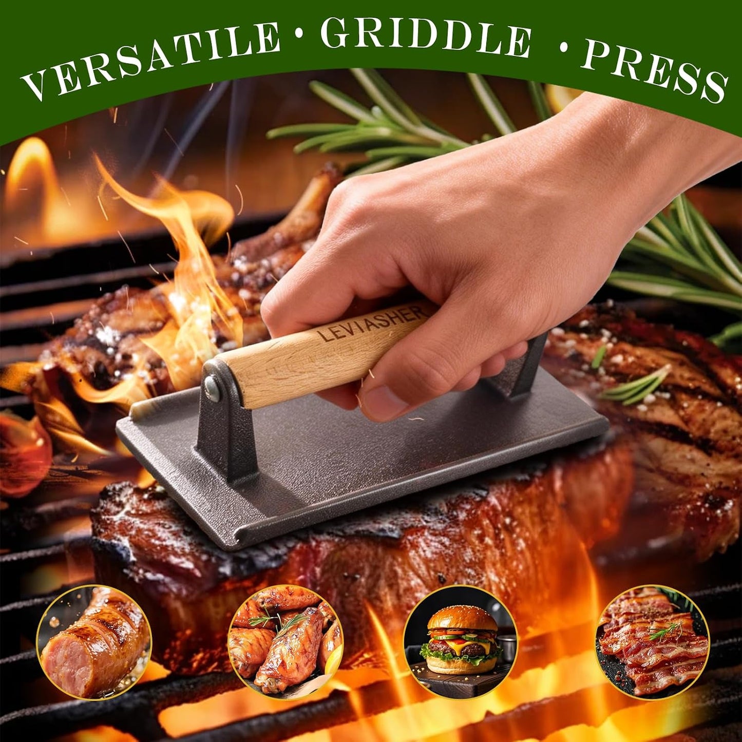 Prensa hierro fundido 2.2lb 6.69pulg mango madera para panini chef