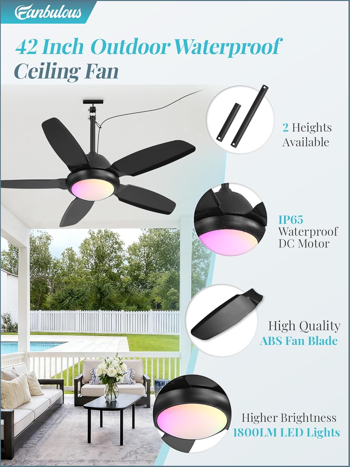 Ventilador techo IP65 RGB 42pulg exterior control remoto motor CC