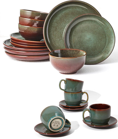 Set 16 Pzas Vajilla Tazas Café Platillos Marrón Verde