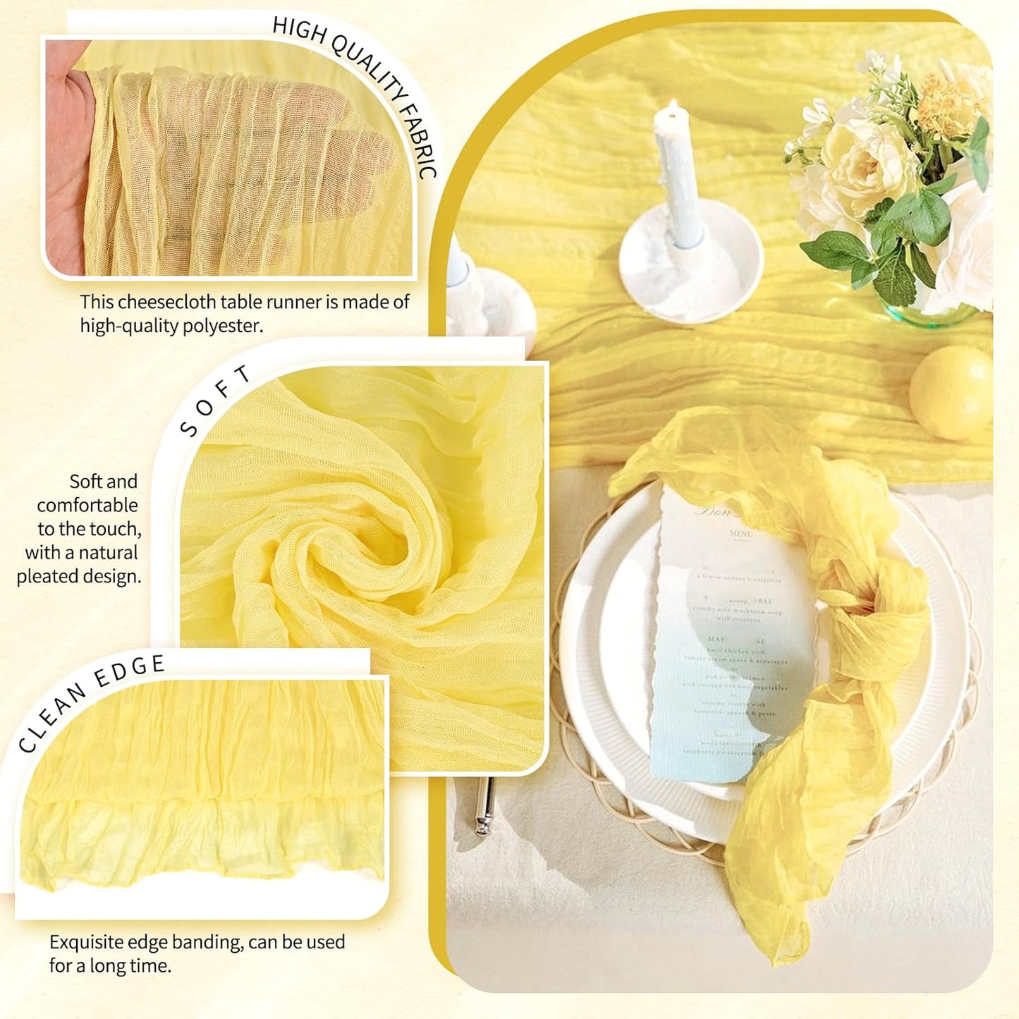 Paquete de 4 caminos de mesa de estopilla amarillo claro bohemio gasa queso decoracion mesa larga rústica